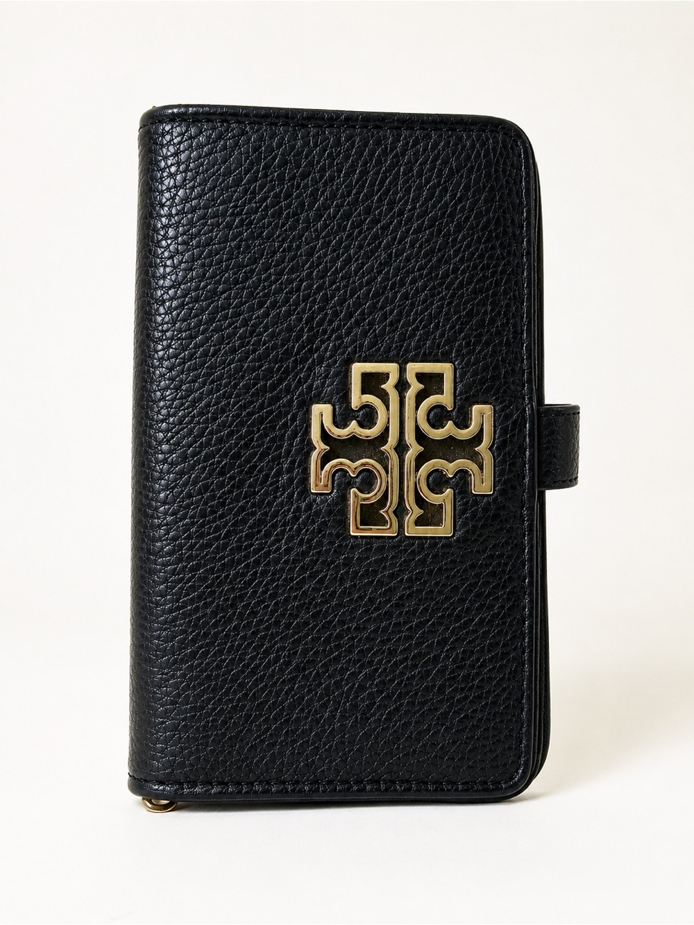 Tory Burch Black Pebbled Leather Britten Smartphone Wallet Wristlet Gold Logo